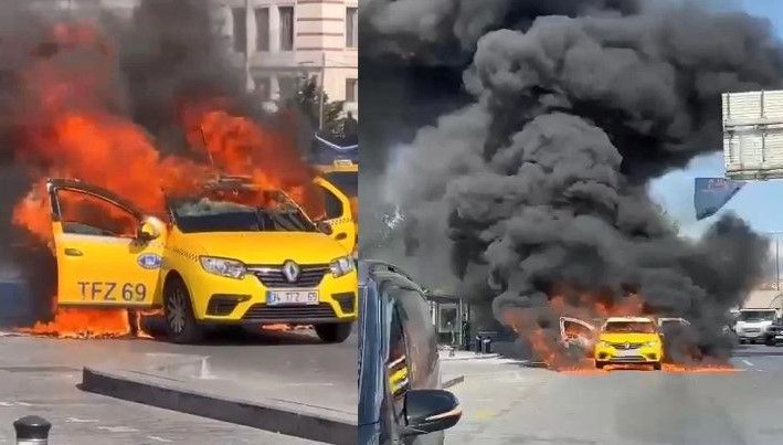 Eminönü’nde taksi alev alev yandı